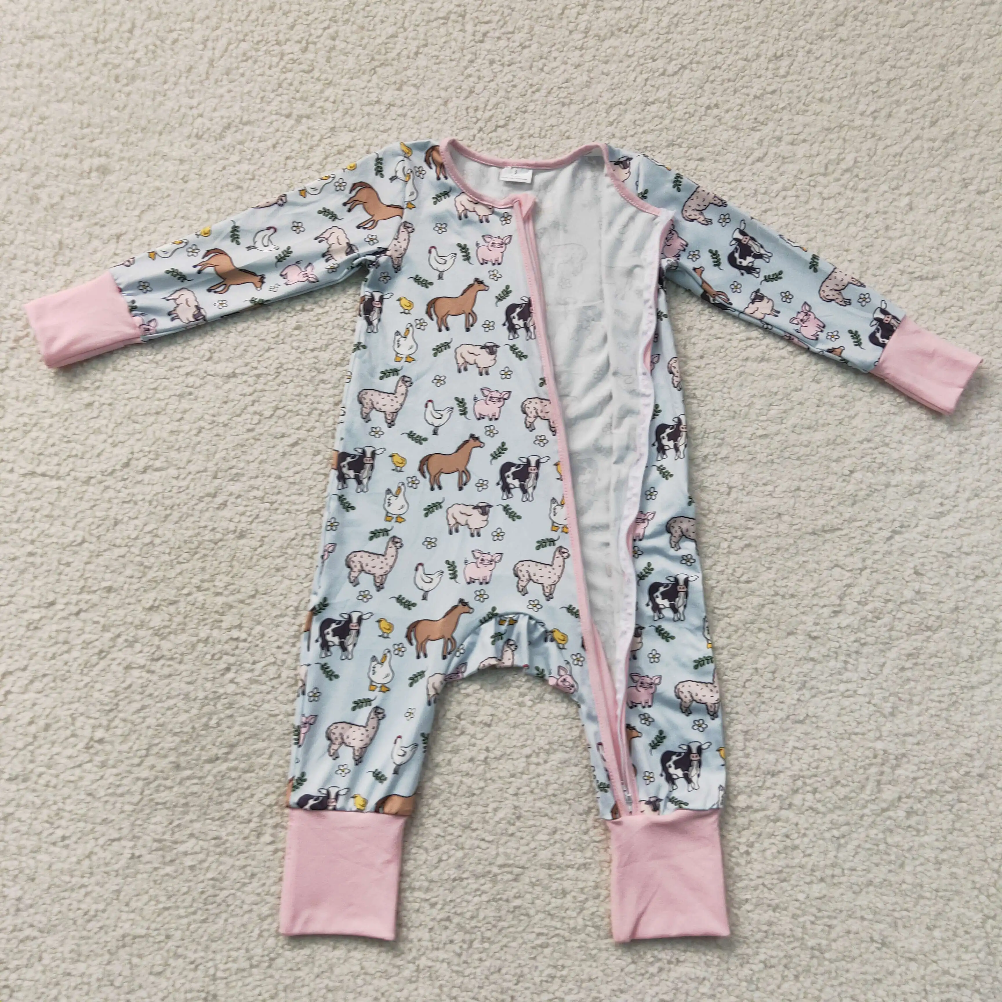 Wholesale Children Girls Long Sleeves Zipper Romper Baby Girl Farm Animals Flower Pants Sleepwear Kids Toddler Newborn Bodysuit