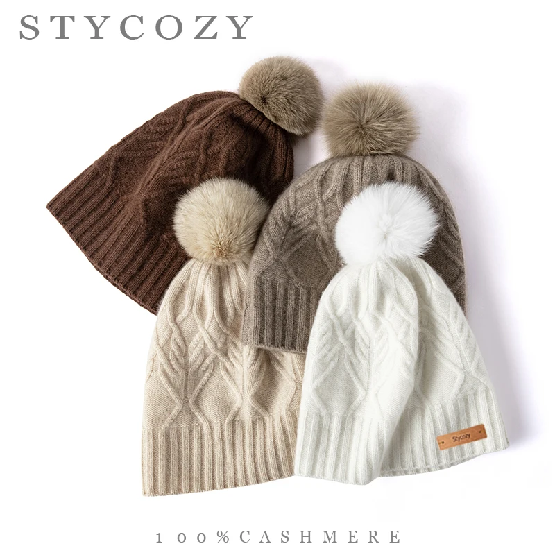 100% Cashmere Cable Knit Pom Pom Hat Thick Winter Ear-Flap Slouch Beanie Women Versatile Daily Casual Hat for Shopping & Outdoor