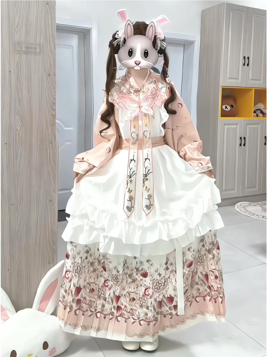 Pink Strawberry Bear Embroidered Hanfu Women's Lolita Skirt Cloud Shoulder Ma Face Qipao Traditional Chinese Costume Set