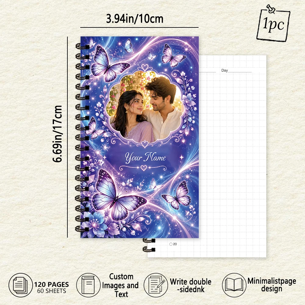 1pc, Custom To Do List Notebook, Purple Butterfly Couple, Personalized Name Spiral Journal, 120 Pages Daily Grid Notepad