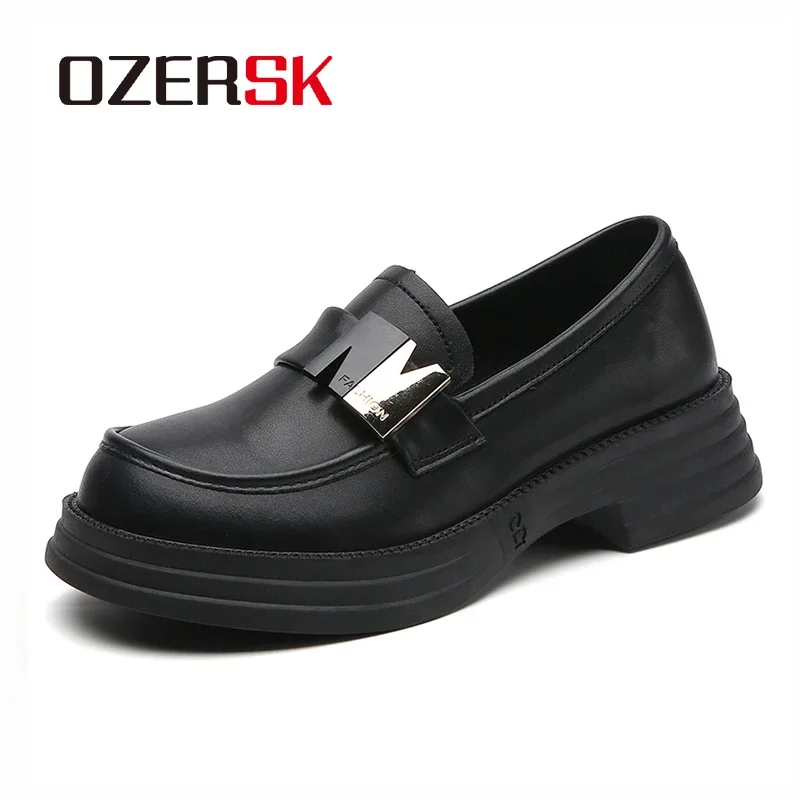 OZERSK Women's Casual Single Shoes Versatile Fashion British Style Metal Buckle Heightening Thick Heels Work Shoes Size 35-40