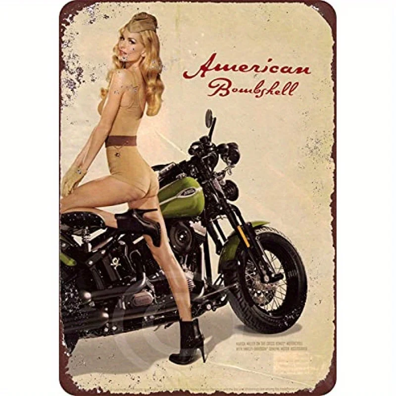 - Vintage Motorcycle Pinup Metal Sign - Retro 1943 Wall Art with Bold Red & Black Design, Rustic Home Decor for Basement, Garag