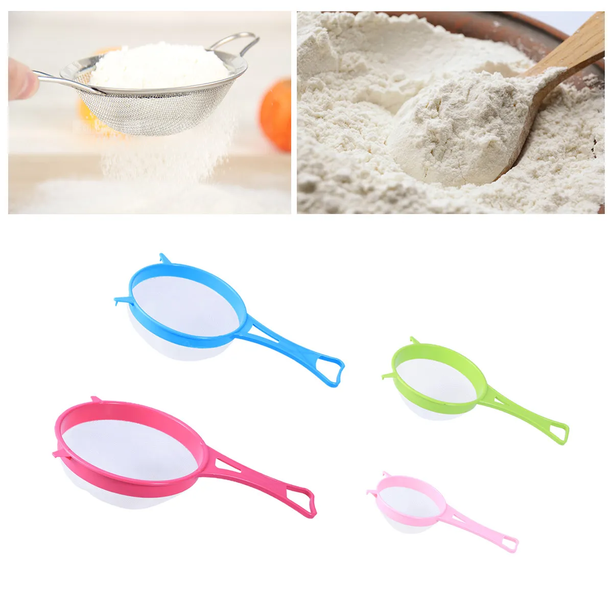 4Pcs Plastic Fine Mesh Food Strainer Set No Rust Stylish Design Long Handle Dual Hanging Hooks Dishwasher Safe for Quinoa Pasta