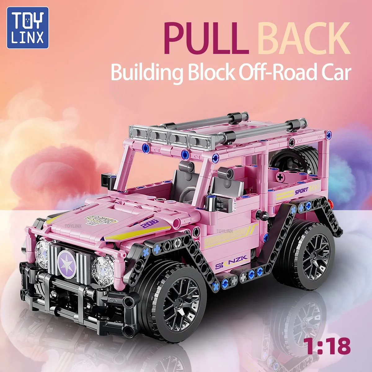 

1:18 Scale Pink Off-Road Building Block Car Super Racing Pull-Start Mechanism Perfect Children's and Adults Holiday Gift