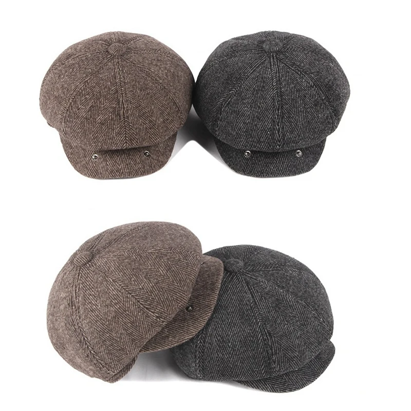 Cap Hat Thick Warm Men Beret Cap Male Vintage Wool Beret Hat Dad Grandfather Octagonal Newsboy Flat Cap