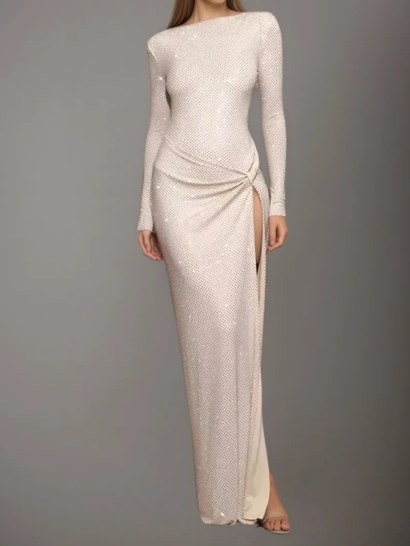 Fashion Ivory White Waist Knot Dress Women's Slash Neck Slim High Split women Dresses evening party New trendy clothes 7YWAR