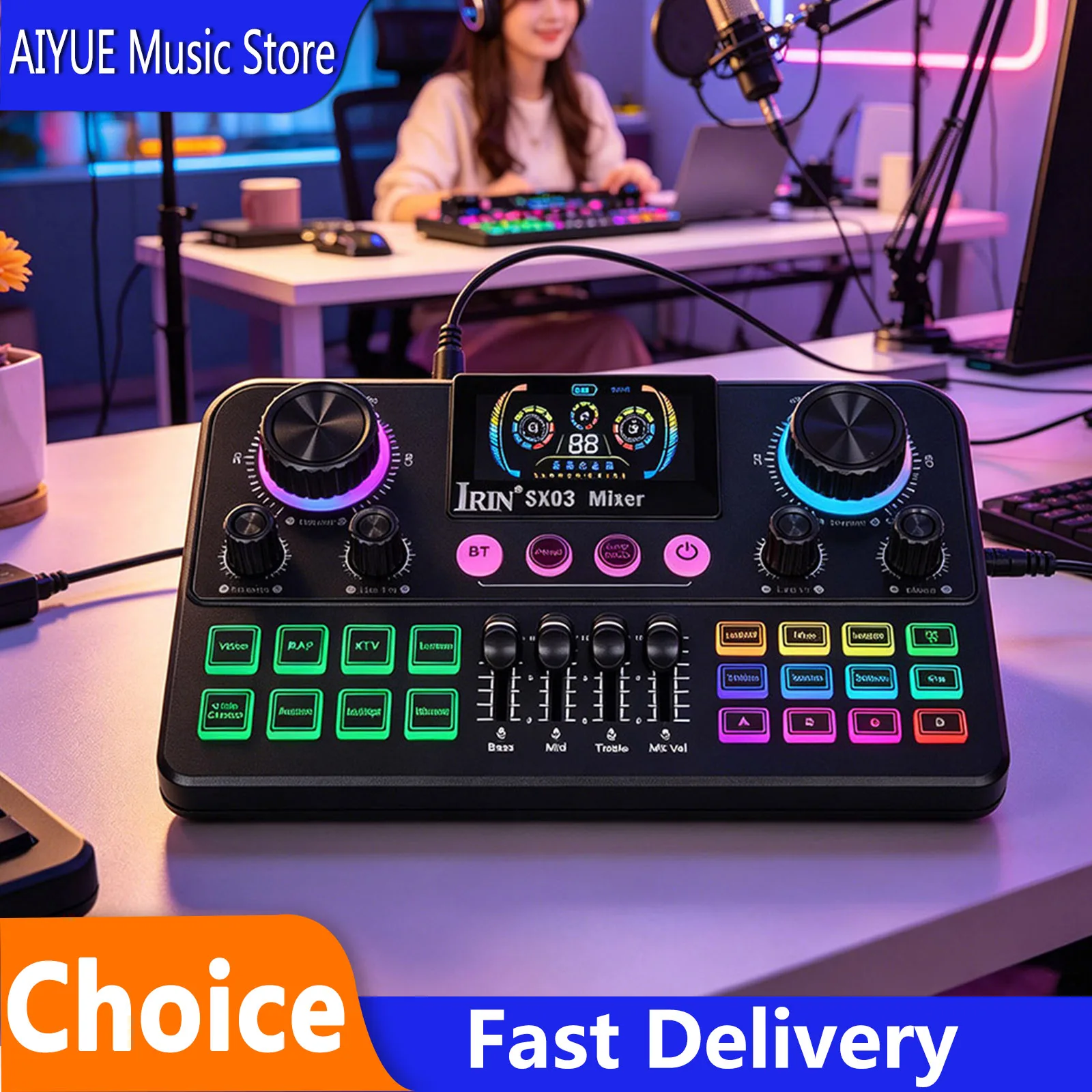 IRIN SX03 Live Sound Card with Digital Screen & XLR Port – Bluetooth Integration, Professional Tuning for Streaming