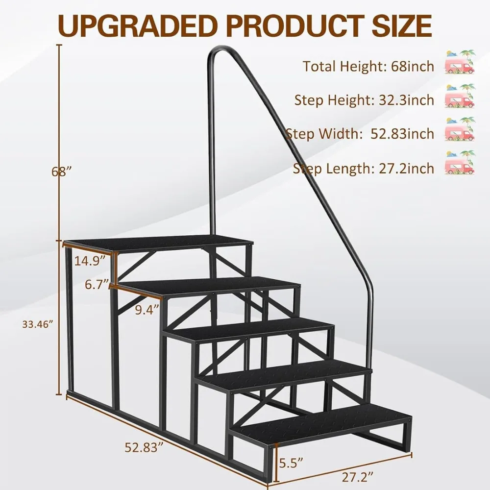 Hot Tub Steps with Handrail, 5 Step Ladder Pool Ladder Above Ground, Anti-Slip RV Stairs Steps for Hot Tub Camper Trailer Porch
