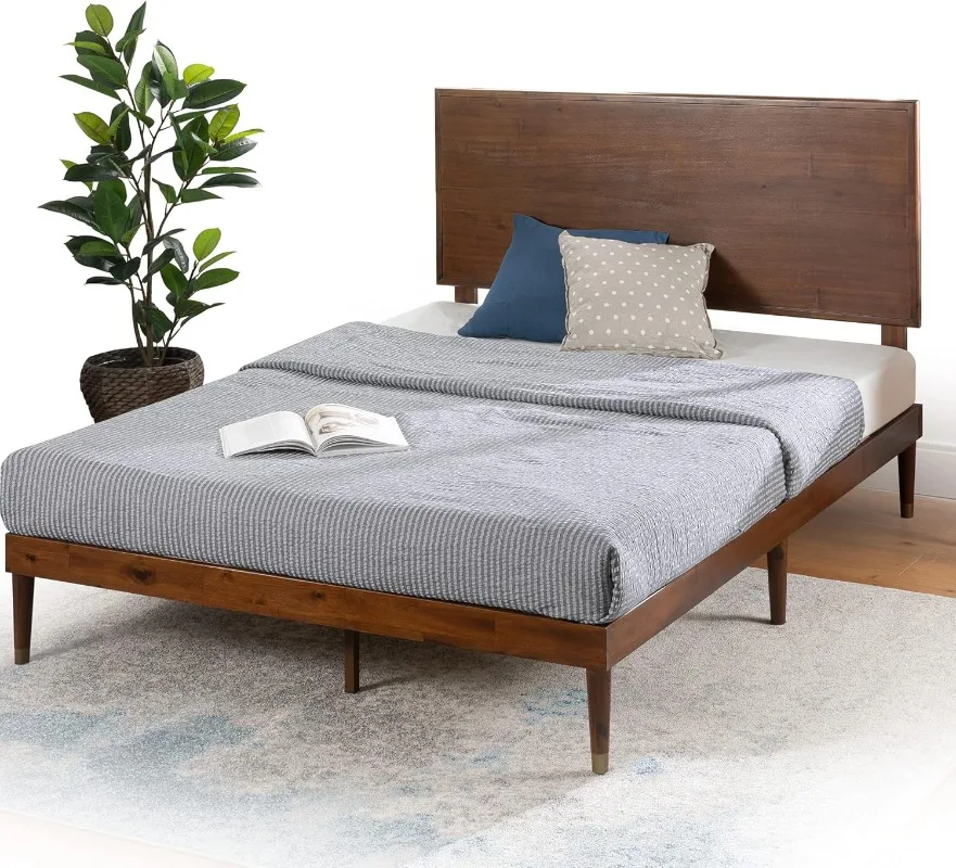 Raymond Wood Platform Bed Frame with Adjustable Wood Headboard Solid Wood Foundation Wood Slat Support No Box Spring Need Queen