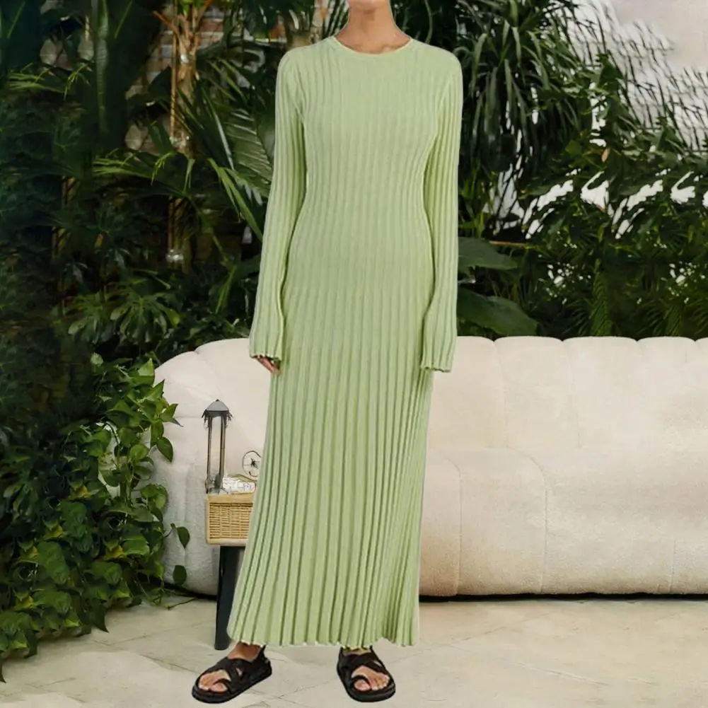 빈티지 타이 허리 드레스 여성 우아한 리브 니트 풀 슬리브 맥시 드레스 크루 넥 Bodycon 연필 롱 드레스 streetwear