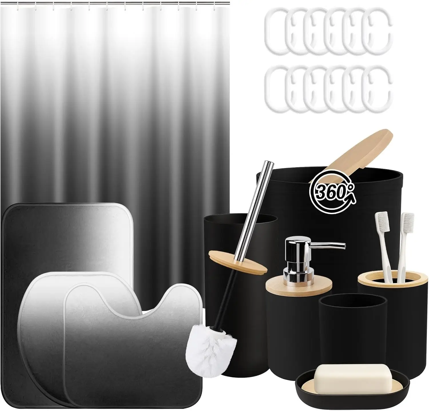 

Ombre Grey Black Bathroom Decor Set with Shower Curtain, Rug, Trash Can, Soap Dispenser, Dish, Toothbrush Holder