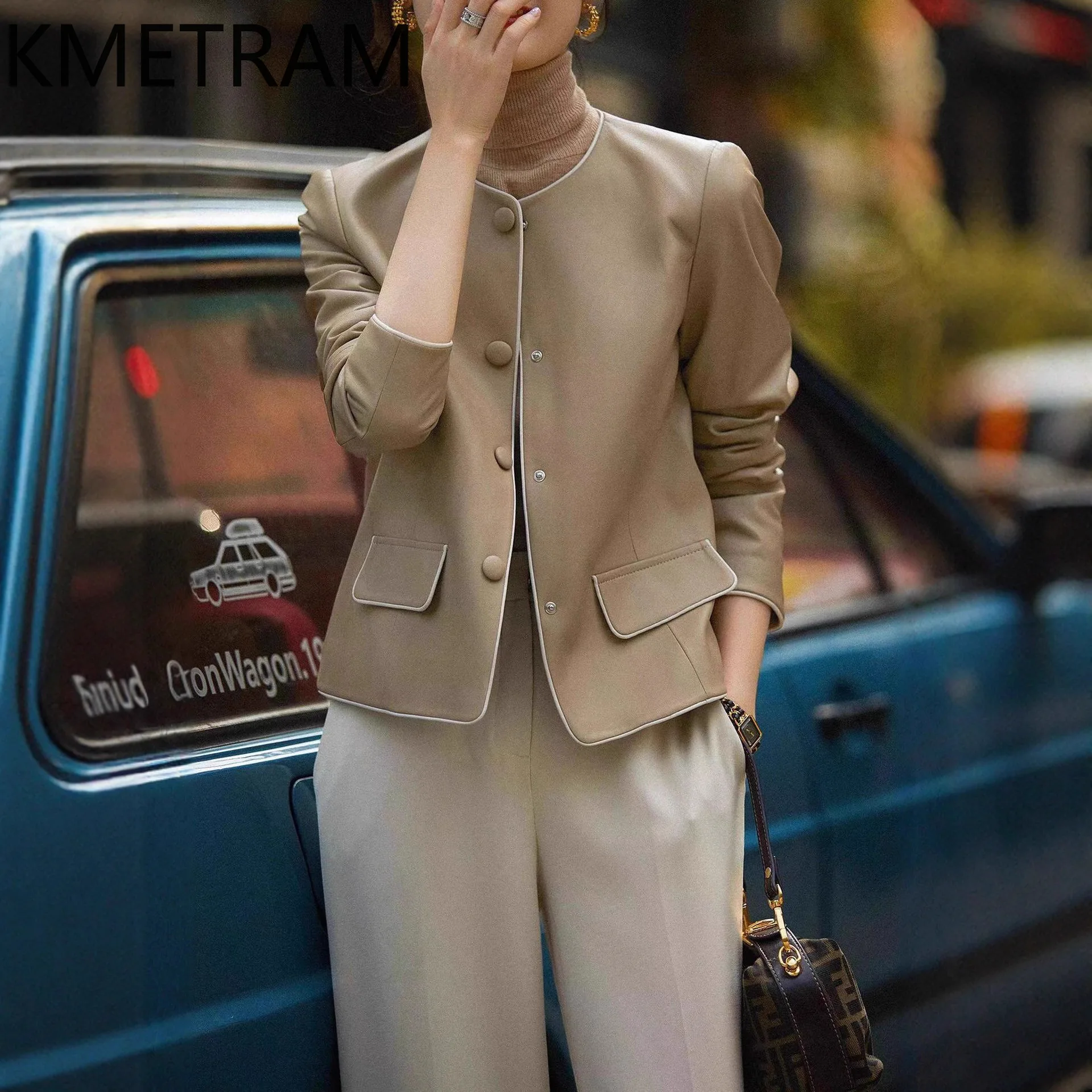 KMETRAM Real Sheepskin Leather Jacket Woman O-Neck Casual Short Coats Premium Genuine Leather Jackets Women Clothes 2026 casaco