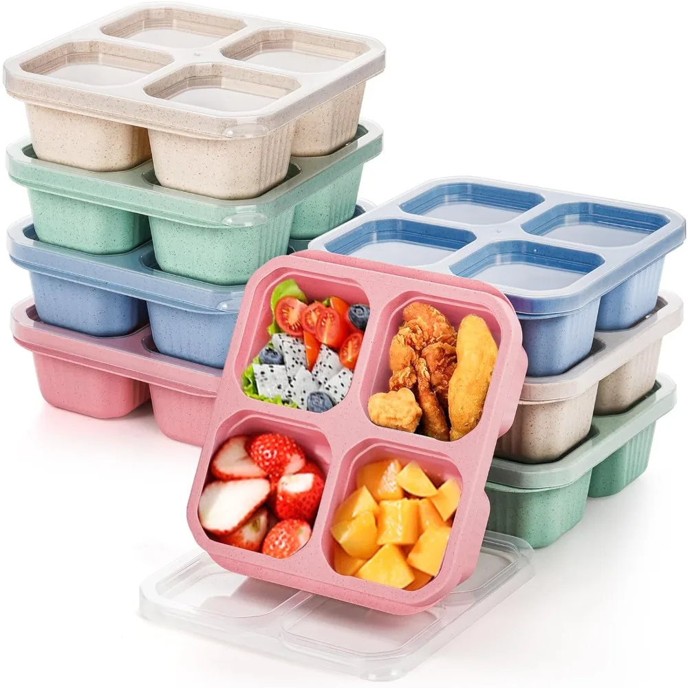 Fiambreras Bento reutilizables para niños y adultos, contenedores de preparación de comida, 4 compartimentos, paja de trigo pequeña dividida, almacenamiento de alimentos