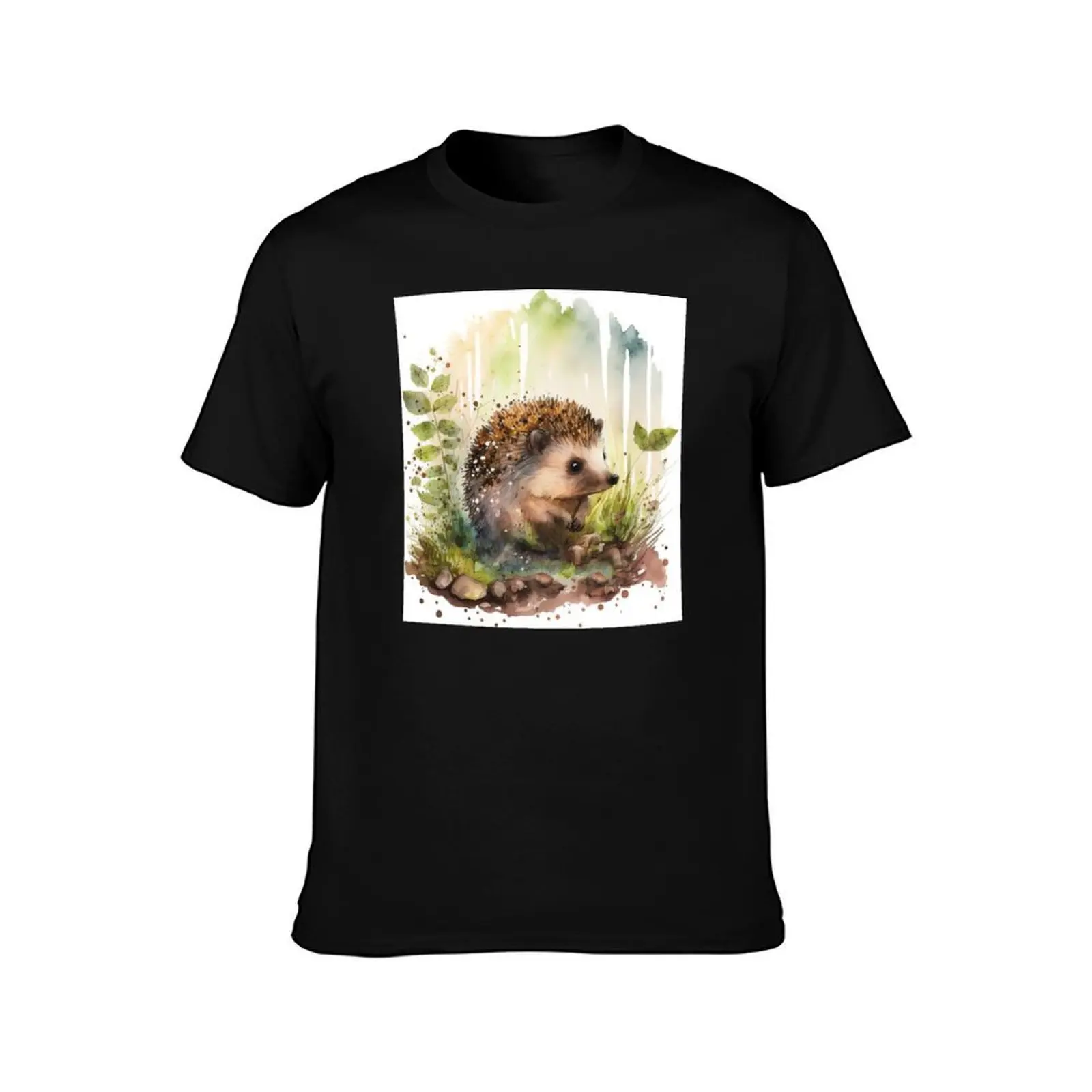 Watercolor Cute Baby Hedgehog Sitting in the Grass, Colorful Hedgehog Piglet T-Shirt Novelty Print Casual Tee Shirt T-Shirt