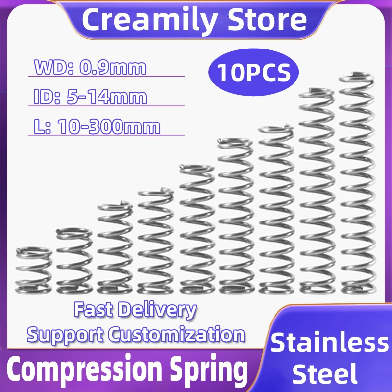 

Creamily 10 шт., диаметр проволоки пружины давления 0,9 мм, пружина сжатия из нержавеющей стали, поддержка настройки