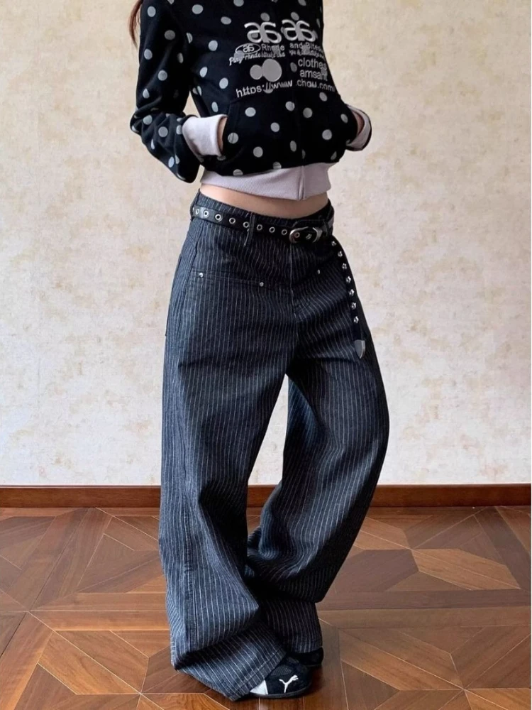 HOUZHOU Vintage Striped Jeans Women Y2k Harajuku Hip Hop Straight Denim Trousers American Retro Punk Streetwear Wide Leg Jeans