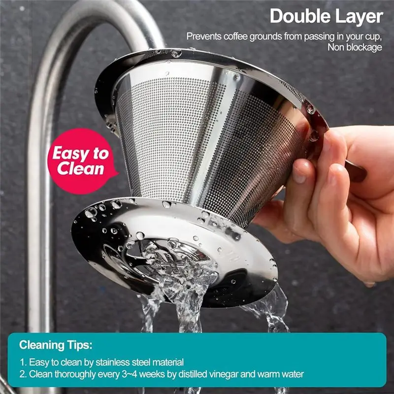 A20F-Stainless Coffee Filter Reusable Double Layer Filters Funnel Coffee Dripper Filter Cup Durable Coffee Tools