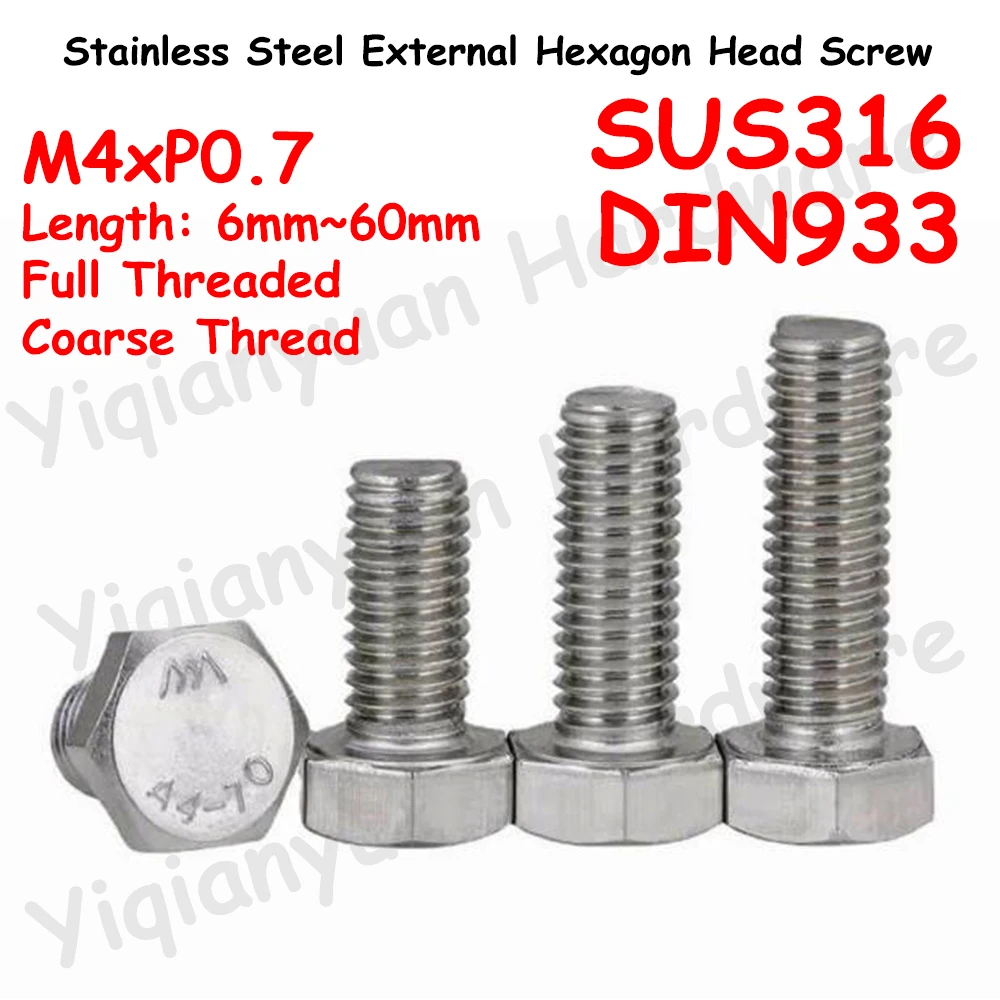 Yiqianyuan M4xP0.7 Coarse Thread DIN933 SUS316(A4) Stainless Steel Hexagon Head Screw External Hexagon Head Bolts Full Threaded