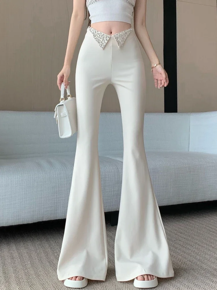 여성을위한 하이 엔드 헤비 크래프트 다이아몬드 박힌 플레어 슈트 바지 새로운 하이 웨이스트 슬림 피트 다목적 플레어 바지
