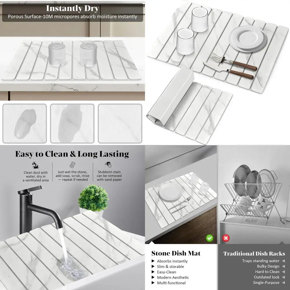 

Marble-Style 24x16 Collapsible Dish Drying Mat, Fast Absorbent Kitchen Counter Mat with Diatomaceous Earth