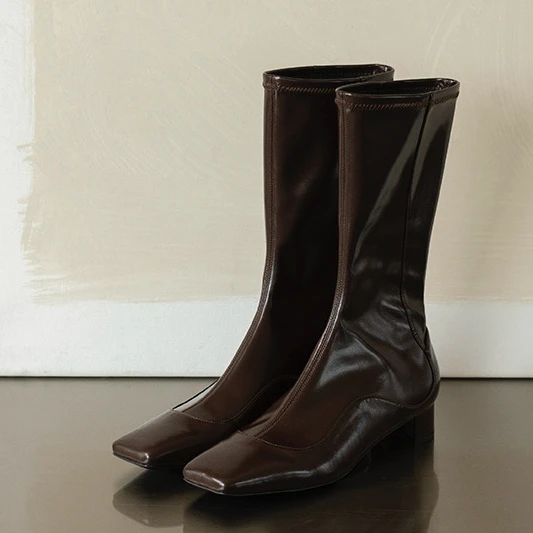

Women's Dark Brown Patent Leather Mid-Calf Boots Square Toe Low Heel Sleek Elastic Design for Elegant Daily Casual Footwear