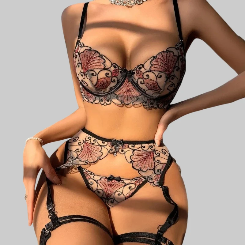 

Tornova Sexy Lingerie Suit for Women Sexy Sexy Perspective Ginkgo Leaves Embroidered Mesh Bow Low-cut Garters Underwear Set Mew