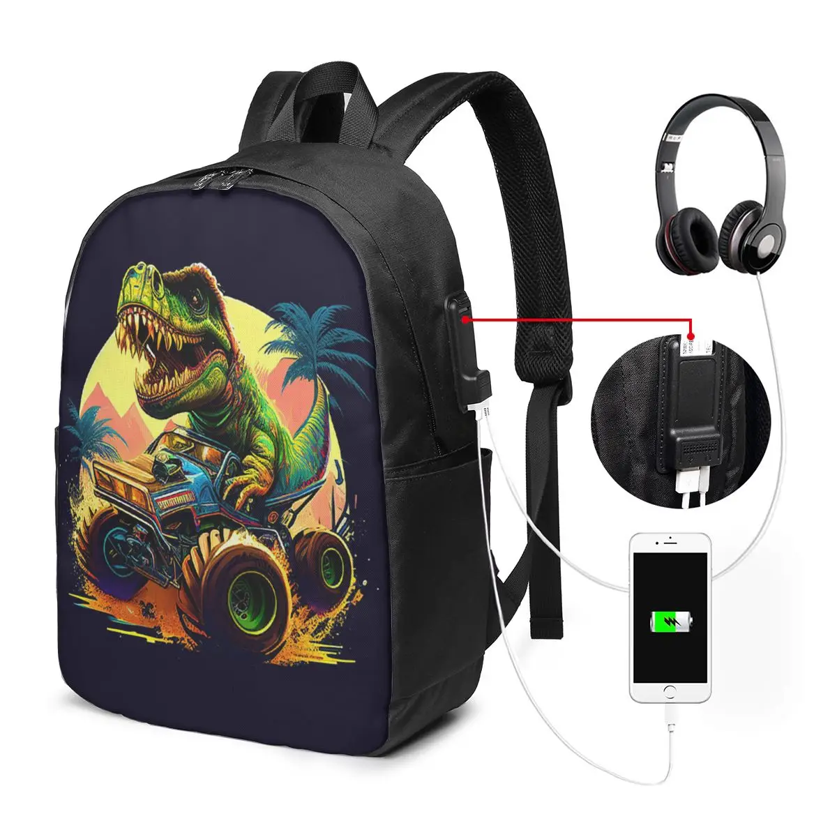 T-Rex Dinosaur Drive Truck Cartoon Backpack Travel Notebook Bag Computer College Student School Bag Laptop Shoulder Bags