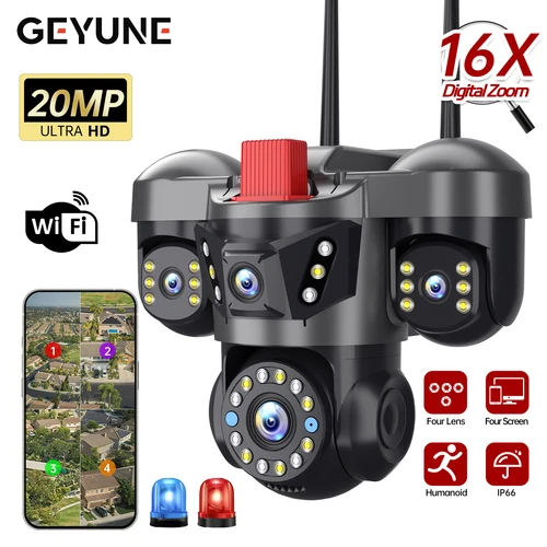 Imagen 1 del producto 10K 20MP Seguridad en el hogar Cámara WiFi al aire libre 4 lentes 4 pantalla 360 °   Protección de seguridad de la cámara PTZ de vigilancia inalámbrica CCTV con zoom 16X