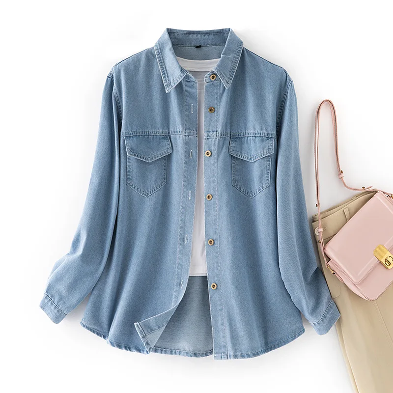 

Women's Denim Shirt Spring Autumn New Style Soft Retro Layering Casual Loose Collar Pocket Pure Cotton Thickened Spring 2025
