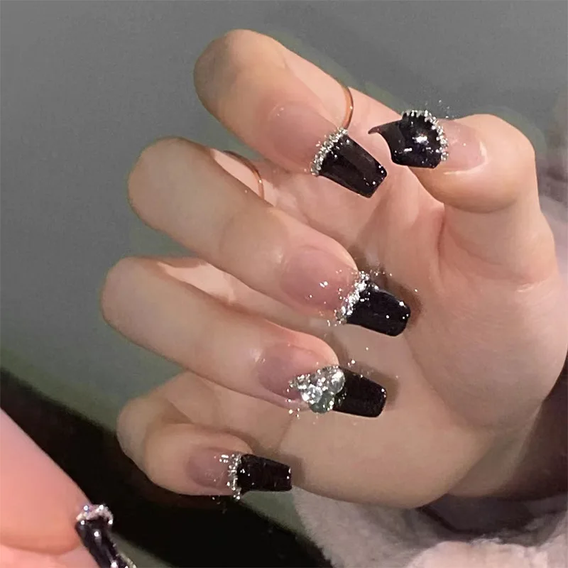 

24Pcs Black French Press on Nails Glitter Diamond Pearl False Nails with Heart Bowknot Nail Art Long Coffin Fake Nail Sweet Cool