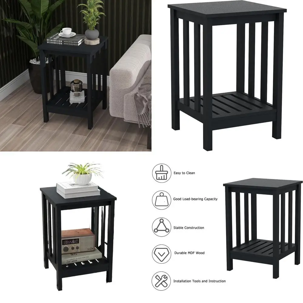 

Modern Black Slim Square End Table with Open Storage Shelf for Living Room, Bedroom, Office