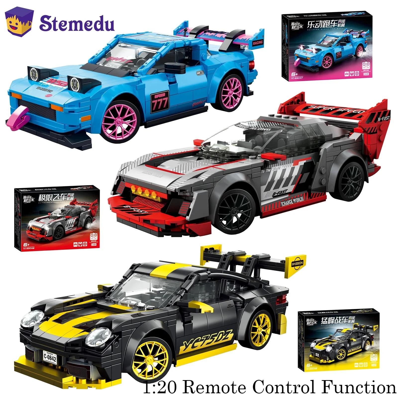 1:20 Remote Control Racing Car City Smart RC Building Blocks YC 23046-23048 Supercar Model STEM Educational Gift for Adult