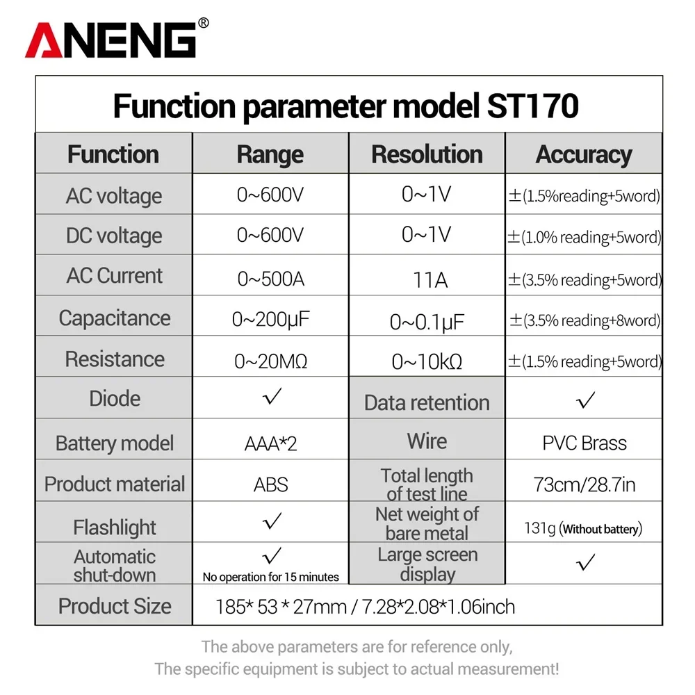 ANENG ST170 Multimeter Digitale Stroomtang Tester 1999 Telt AC/DC Spanning voltmeter Hz Capaciteit NCV Ohm Diode Tester Gereedschap