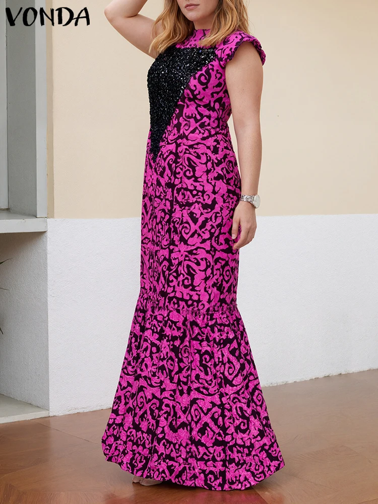 

Женский сарафан VONDA размера плюс, богемное длинное платье без рукавов с принтом, модное лоскутное вечернее платье 2025, вечернее платье с рюшами 5XL