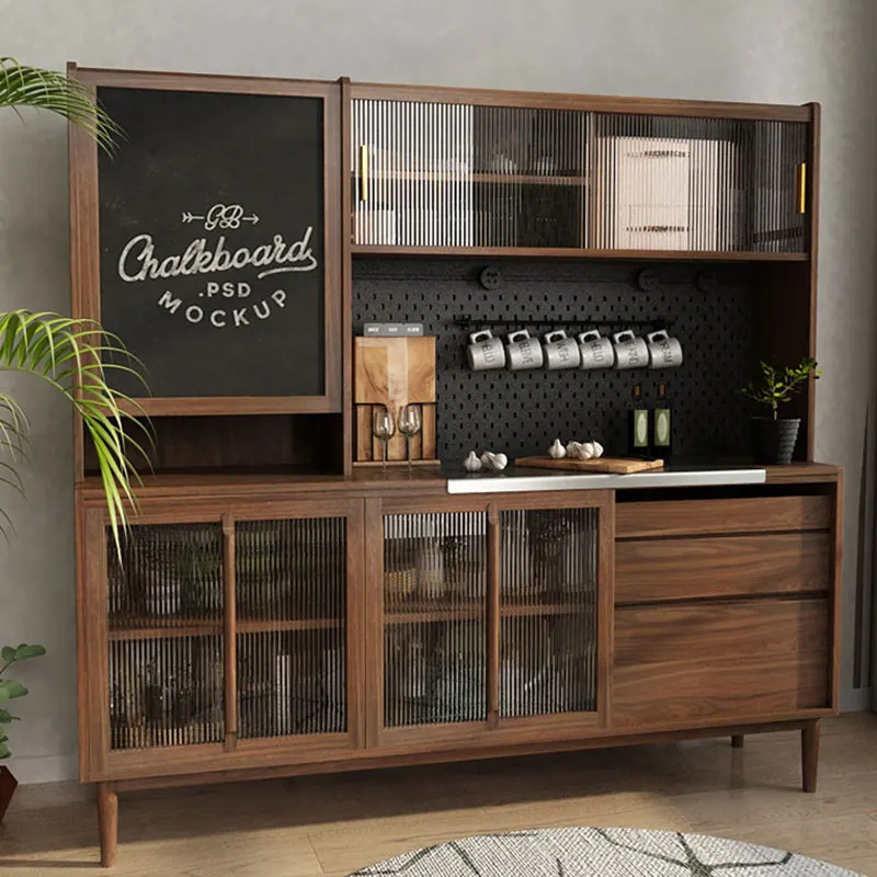 

Sideboard Cabinet Solid WoodRestaurant Wine Cabinet High Cabinet Integrated Wall Locker Wire-Wrap Board Rattan Woven Tea Cabinet