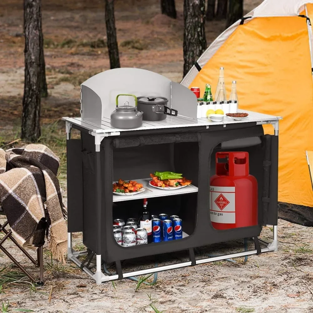 

Outdoor Camping Kitchen Table, Portable Camping Grill Table with Windscreen and Remove Sink, Outdoor Camping Cook Statio