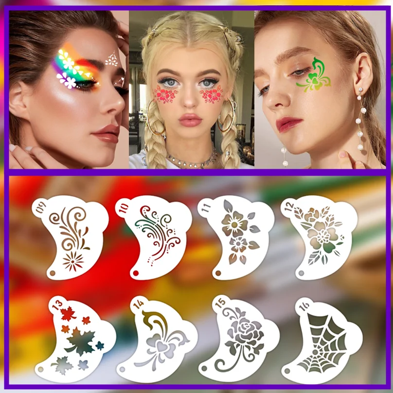 

16Pcs Face Painting Templates Tattoo Spray Painting DIY Graffiti Drawing Stencils Holiday Art Decoration, Washable, Reusable