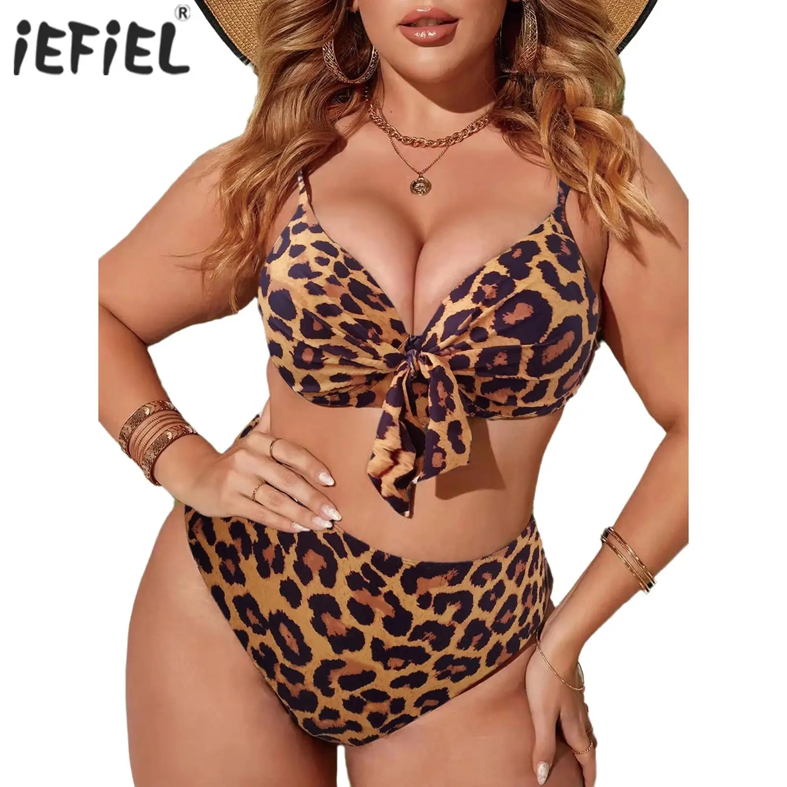 

Womens Leopard Print Bikini Swimwear Front Tying Knot Bra Tops and Bikini Briefs Bathing Suit Beachwear Sunbathing Travelling