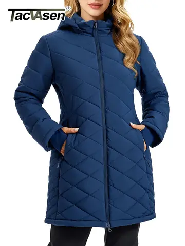 TACVASEN Womens Long Quilted Puffer Hood Jackets Winter Lightweight Warm Insulated Coat Windproof Waterproof Parkas with Pockets