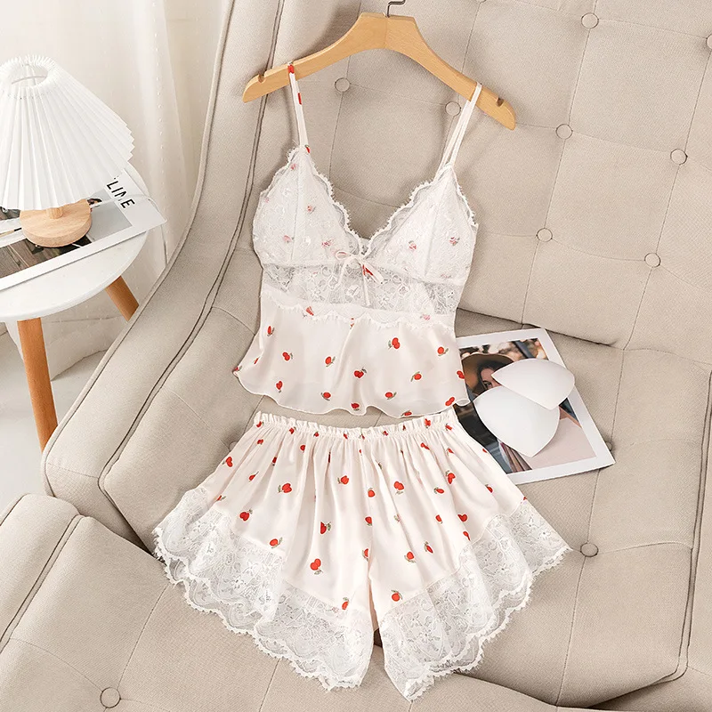 Summer Print Pyjamas Suit Women Sleepwear Lace Hollow Out Pajamas Set Sexy Strap Top&Shorts PJS Lingerie Satin Homewear