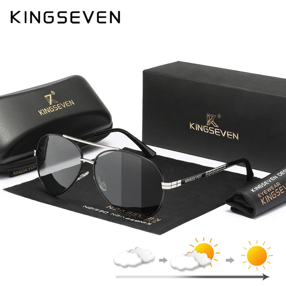 KINGSEVEN Fashion Sunglasses Men‘s Pilot Photochromic Alloy Full Frame Glasses HD Polarized Driving UV400 Eye Protection Glasses