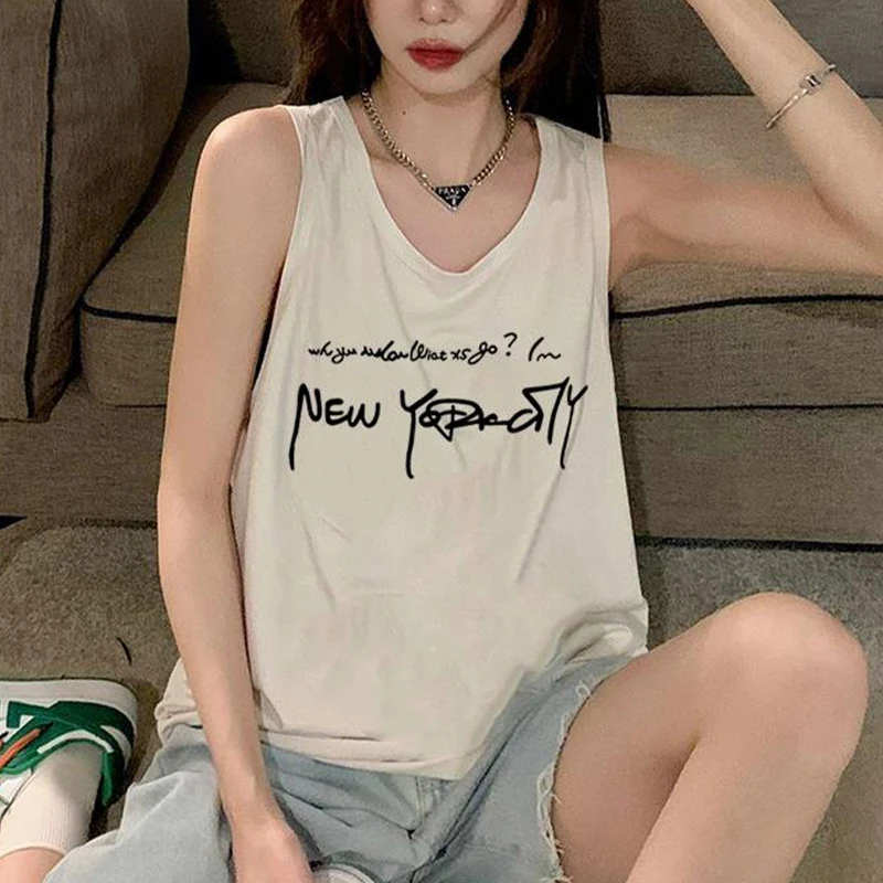 Summer Korean Fashion Loose Letter Printed Round Neck Sleeveless Tank Top For Women