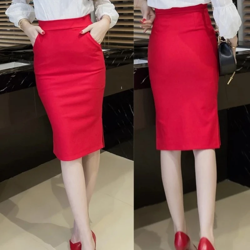 

Новая женская юбка-карандаш больших размеров с высокой талией, эластичная, осенняя, с разрезом, для офиса