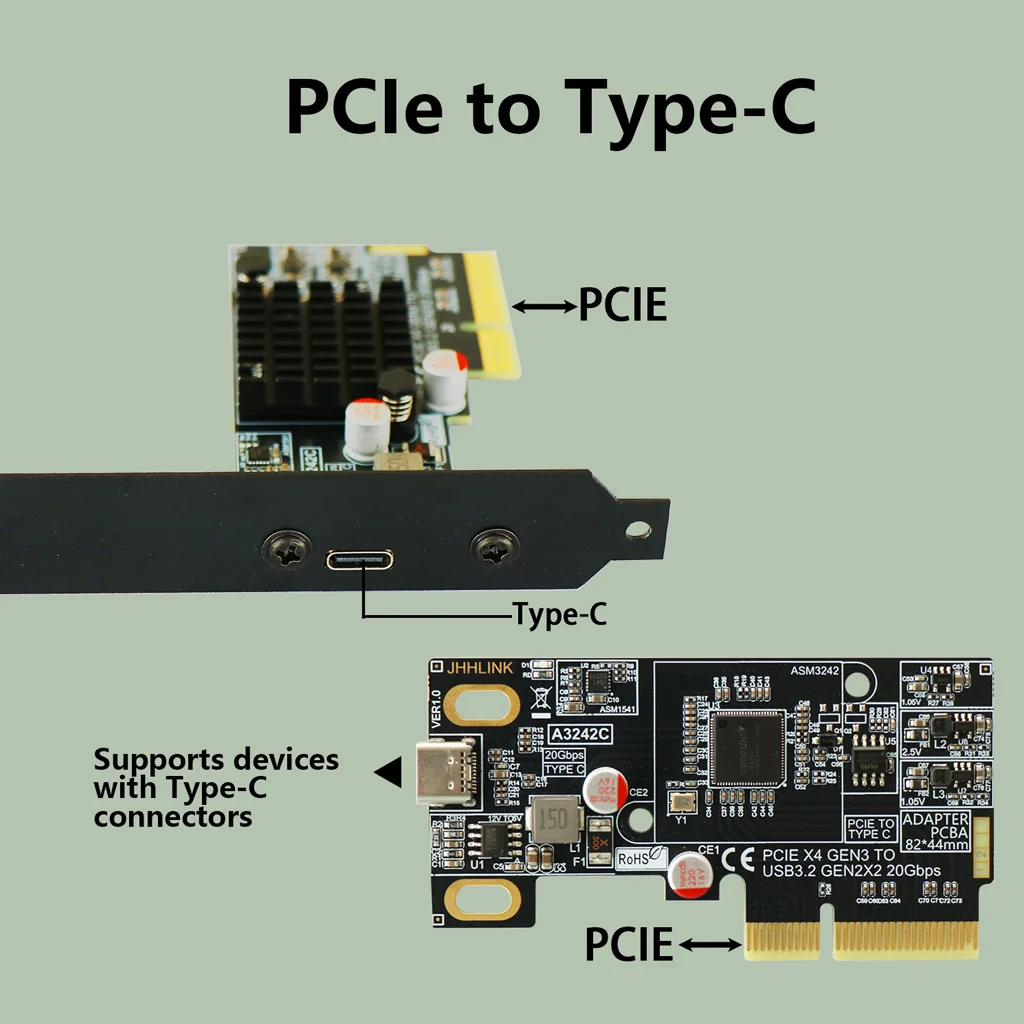 PCIe 3.0 X4 auf USB 3.2 Gen2x2 Typ-C-Erweiterungskarte, 20 Gbit/s-Adapter für externe NVMe-SSDs, kompatibel mit ATX- und SFF-Gehäusen. – Detail 5