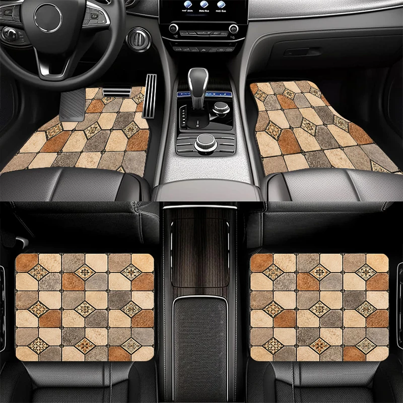 Moroccan Geometric Tile Car Floor Mats, 4pcs Universal Fit, Vintage Octagon & Diamond Mosaic in Terracotta, Beige & Gold on a Wo
