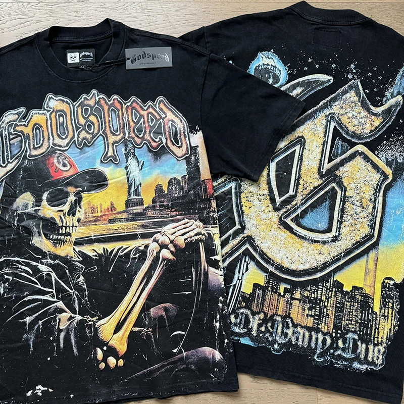 

American Godspeed Skull Driving Graffiti Print Tee Summer Men's Women's Casual Cotton Loose Short-sleeved T-shirts