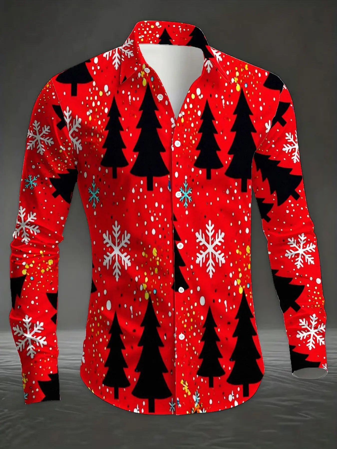 Men Red Christmas Tree Snowflake Print Long Sleeve Shirt Xmas Casual Button Down Dress