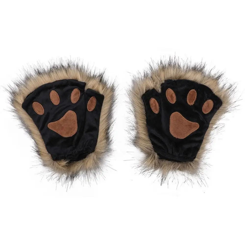 Guantes sin dedos de patas de lobo esponjoso, mitones de garras de zorros de pata de gatito peludo, disfraz de Cosplay gótico de Lolita, accesorio