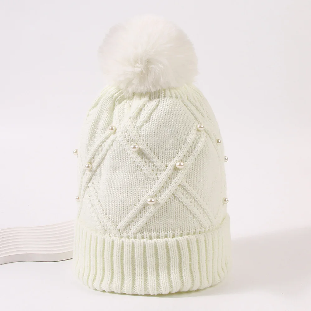 New Women's Winter Fashion Hat Pong Ball Hat Pearl Water Diamond Knitted Wool Bean Casual Outdoor Warm Hat