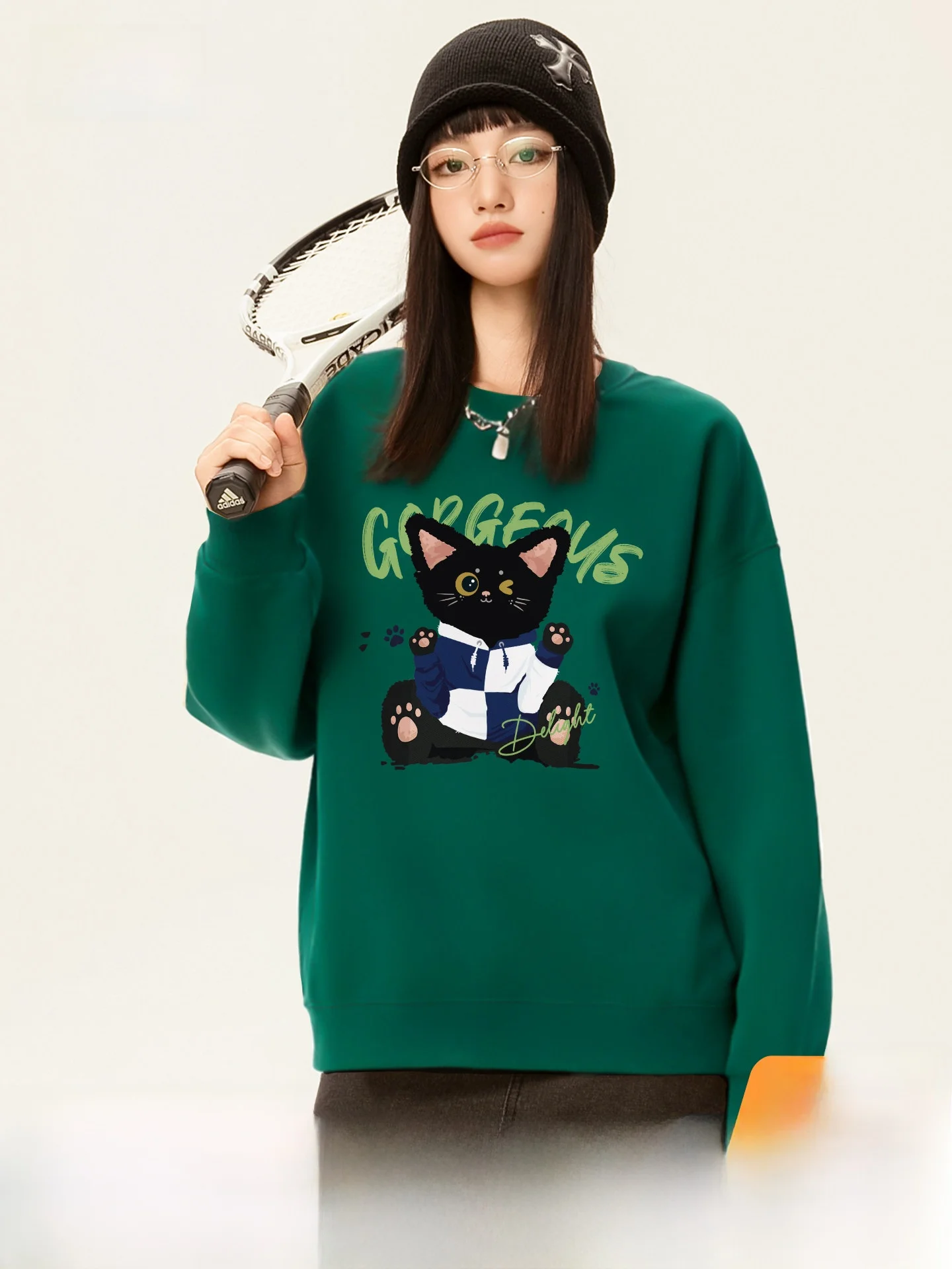 

Green Fleece-lined Thickened Hoodie Women's Winter Sweatshirt Print Casual Outerwear for Junior High School Students